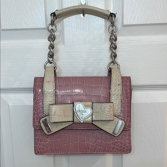 GUESS // shoulder bag // pink+cream //croc-embossed // bow+heart // rhinestones - Picture 3 of 17